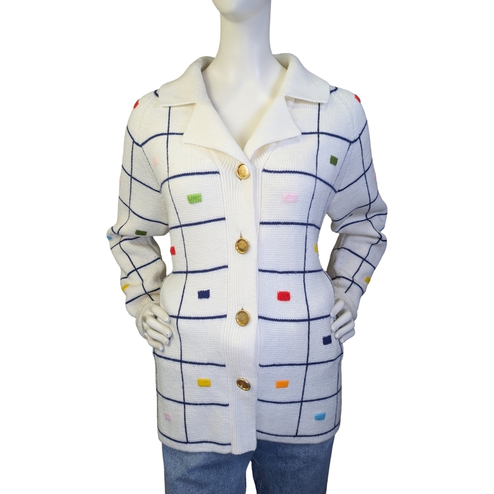 Vintage Lily of California Knit Cardigan Colourful Confetti Grid Pattern, Size L